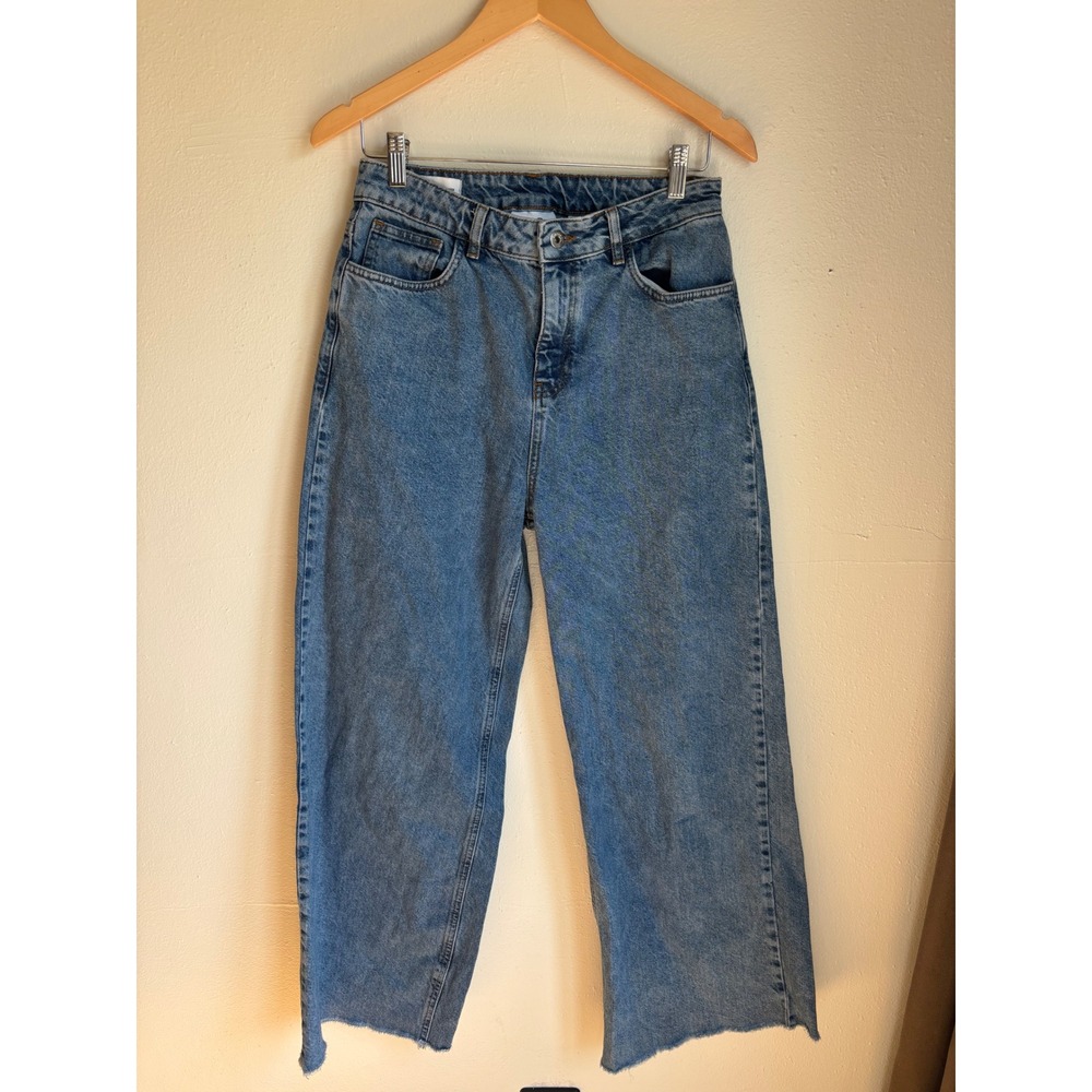 Collusion x007 Wide Leg Jeans Mid Wash Blue High Rise Raw Hem 30/32 (fits 28x29)